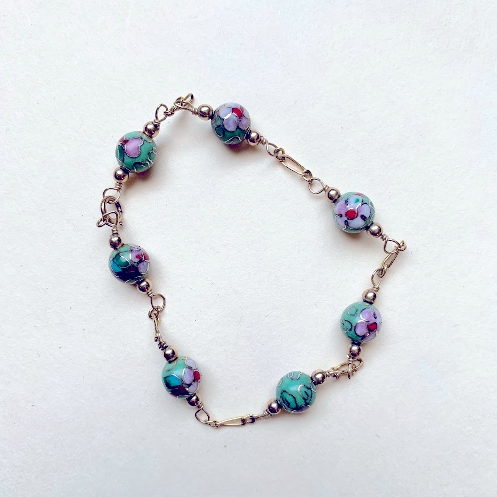 Vintage cloisonne 14k gold fill beaded bracelet sakura cherry blossom flowers